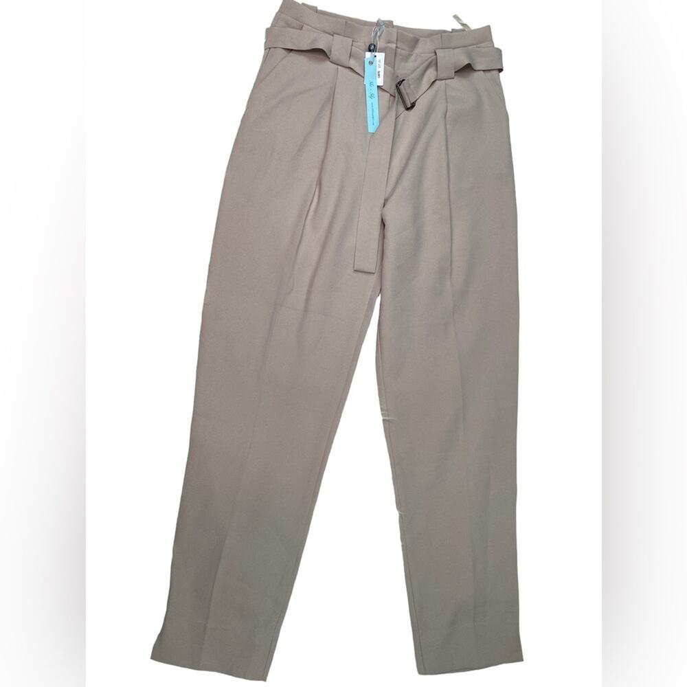She & Sky Belted Slim Fit Paperbag‎ Waist Trousers Taupe Size M NWT Wantable